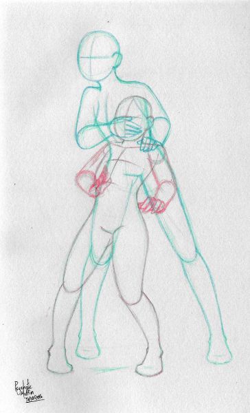 this is a sketch of two stick figures, one holding the other's head in their hands. the drawing is done with a light blue and red pencil. the figure in the back is taller and holding the figure in the front by the head, with the body of the figure in the back being more detailed than the figure in the front. the figure in the front is mostly just a stick figure, but the head is also a little more detailed than the rest of the body. the figure in the back is holding the figure in the front's head with its right hand, and the figure in the front's left hand is coming up towards the figure in the back's chest.  this drawing could be a gesture drawing or just an artist practicing their skills.