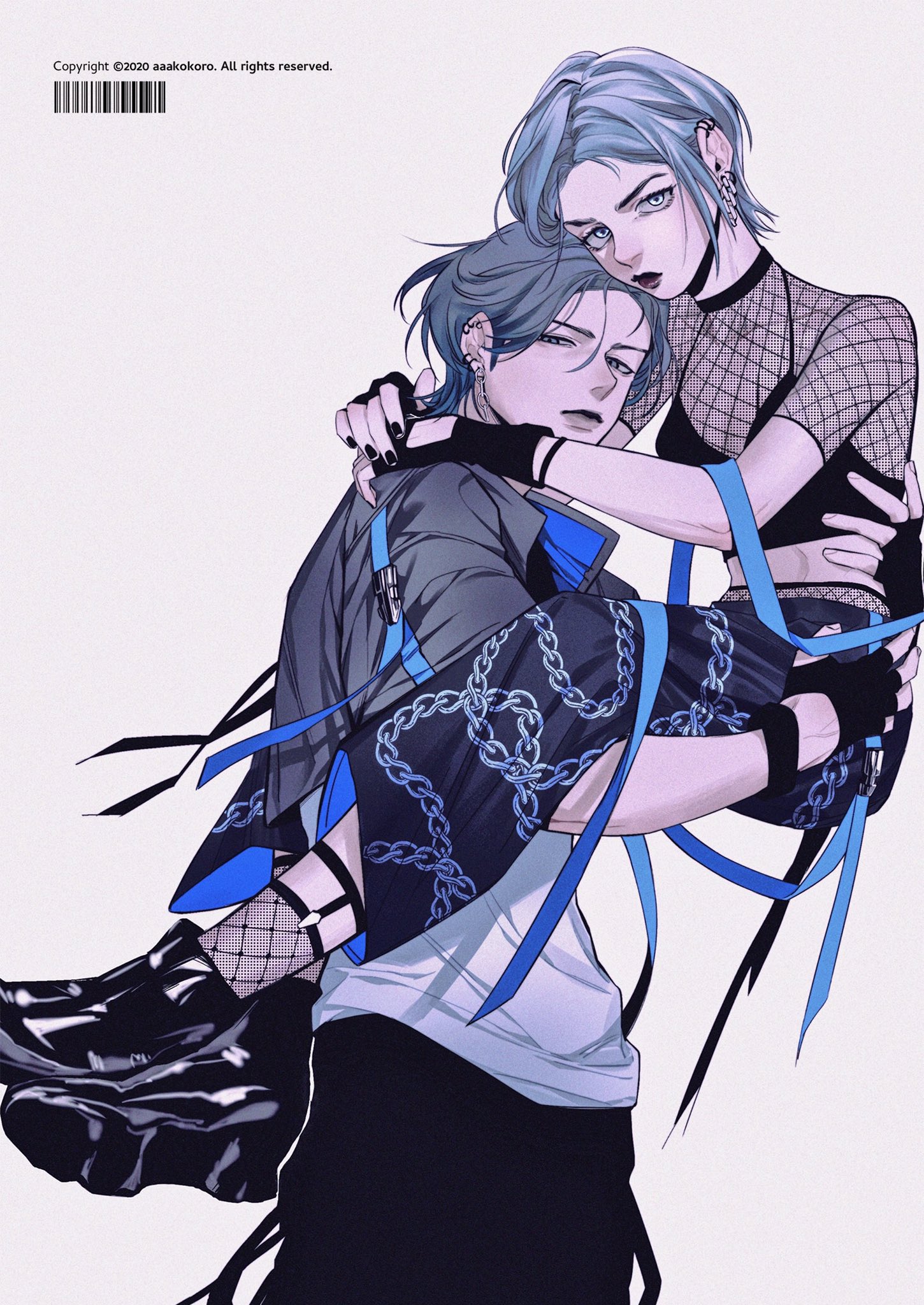 an illustration of a person with blue hair holding another person with blue hair from behind in a bridal carry.  they are both goth/emo, dressed in black clothing. one has chains over their outfit, and the other has a fishnet top.