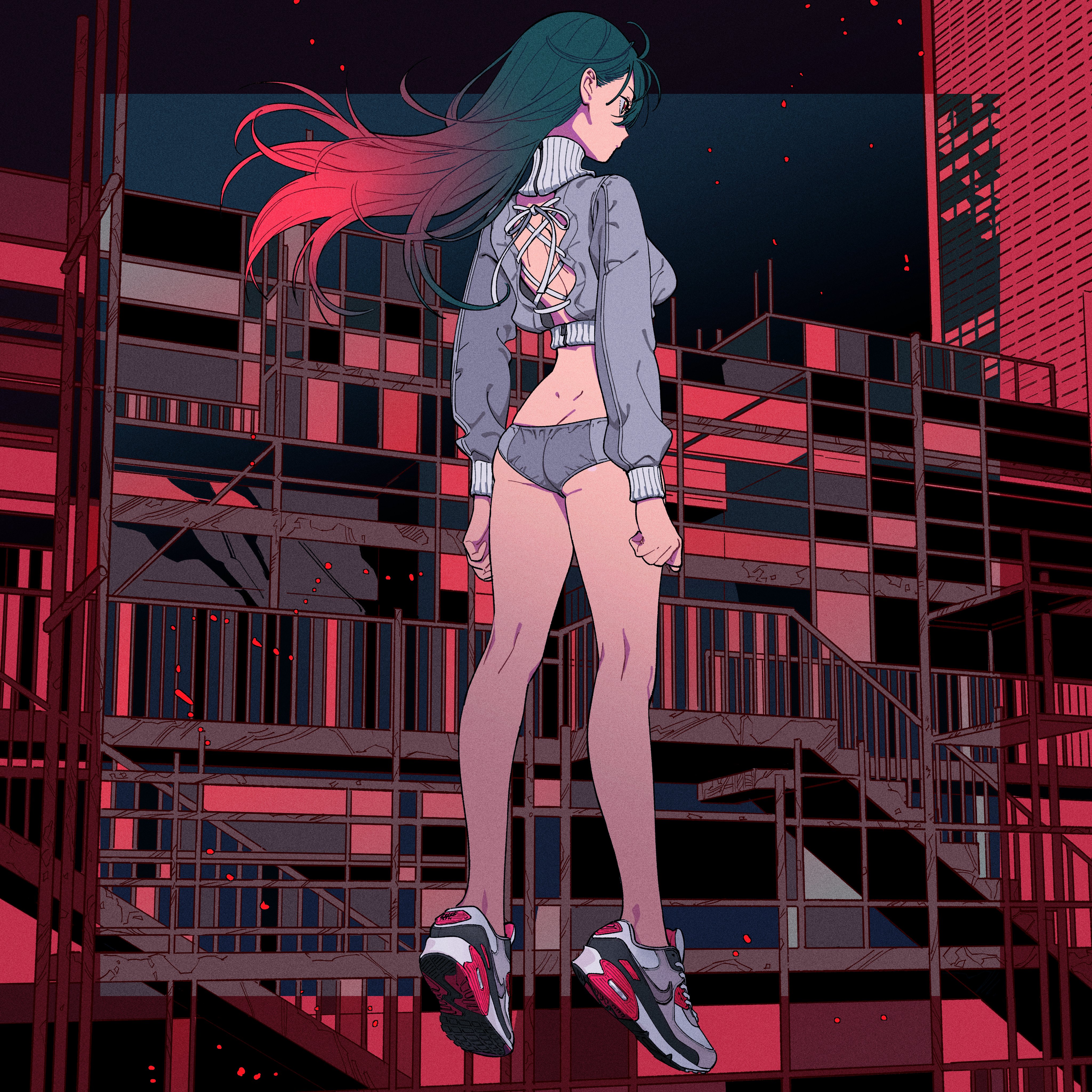 the image showcases a stylized anime girl with teal and pink hair, clad in a grey crop top and shorts, and nike sneakers. she's standing against the backdrop of a dark, futuristic city with a red and dark color scheme, reminiscent of cyberpunk aesthetics. the architecture of the buildings is detailed, displaying a complex arrangement of metallic structures. the overall style is a blend of anime and digital art, with a focus on sharp lines and vibrant colors.  the girl's pose and the setting convey a sense of mystery and coolness.