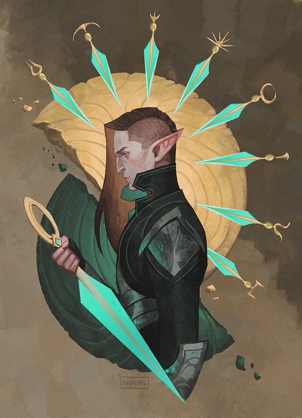 the image is a digital painting depicting a male high elf. he has long brown hair with an undercut, pointed ears, and is wearing dark, ornate armor with teal accents. he holds a long, glowing teal dagger with a gold hilt.  surrounding his head is a halo or aureole of similarly glowing teal daggers with gold detailing, suggesting some form of magical power or divine connection. the background is muted earth tones, contrasting with the vibrant colors of the elf and his weapons. the style is reminiscent of fantasy character art often seen in video games or tabletop rpgs. the artist's signature "nipuni" is subtly placed in the bottom center.