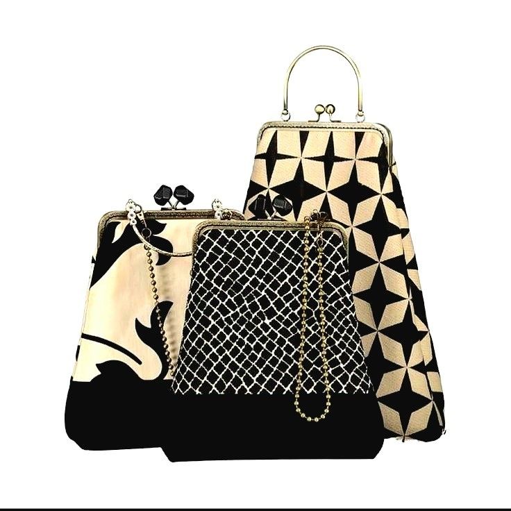 the image shows a collection of three handbags with different black and white patterns. the bags have metal frames and clasp closures, and some have a beaded chain. the patterns include stars and floral designs. the handbags are displayed against a white background.
