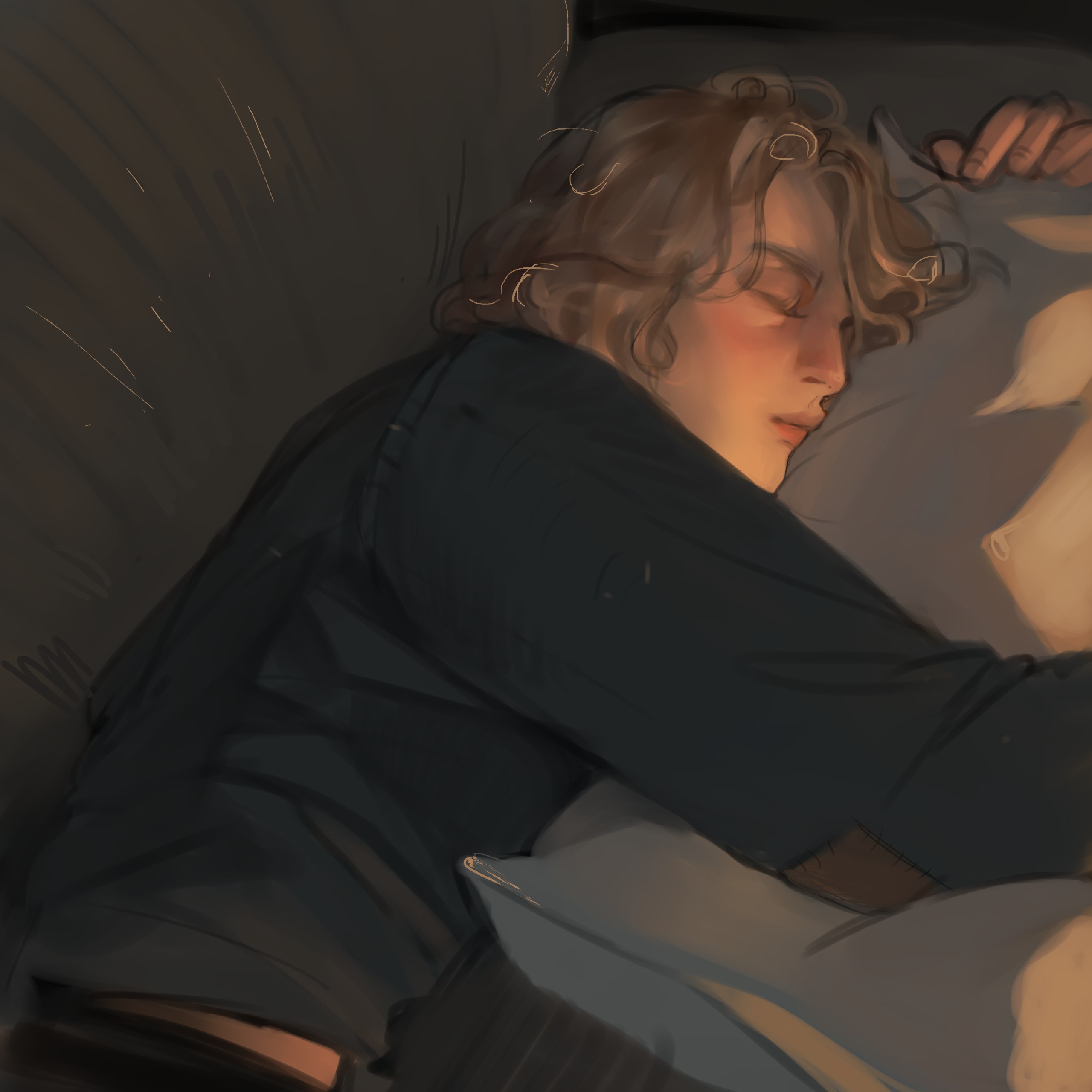 a young man with wavy blonde hair is peacefully sleeping on his side, embracing a white pillow.  the warm, soft light suggests a cozy and comfortable atmosphere, perhaps during the late afternoon or early evening.