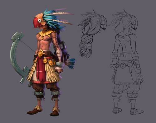 a digital illustration of a warrior character, based on native american design and imagery. the illustration is done in a cartoon style, showing the warrior with a large feathered headdress, a mask, and a bow and arrow. the illustration includes a side profile and back view of the character.