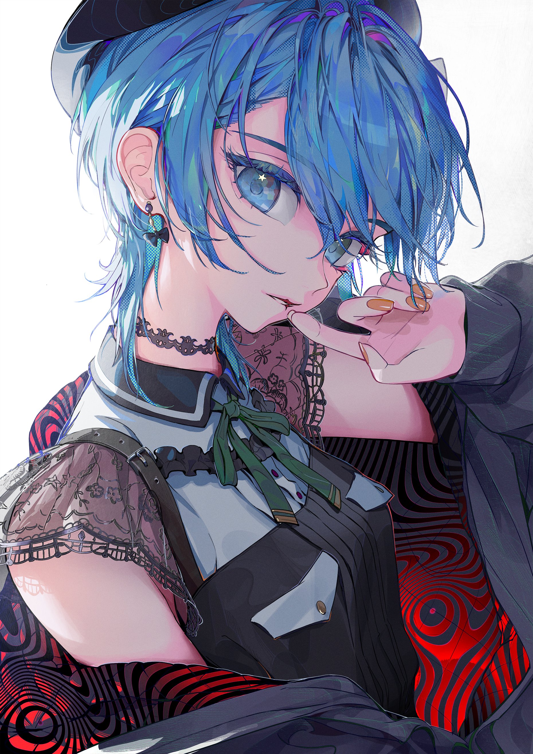 a closeup shot of an anime girl with bright blue hair, blue eyes, and a black hat. she is wearing a black choker, a black and white shirt, and a black jacket.  the girl has her hand to her chin and is looking down at the viewer.  the image is drawn in a manga style.