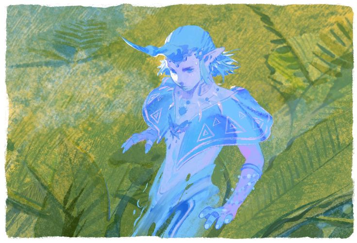 the image is a digital painting of a fantasy character, possibly an elf, with translucent blue skin and clothing. the character has a horn on their forehead and is adorned with triangular patterns on their clothing. they appear to be slightly bent over, as if examining something on the ground, which is covered with lush green foliage. the overall style is ethereal and somewhat mystical, with soft brushstrokes and a dreamy atmosphere. the character seems to blend into the background slightly, with the colors of their body and clothing mirroring the hues of the surrounding vegetation. the overall composition and color palette convey a sense of tranquility and magic.