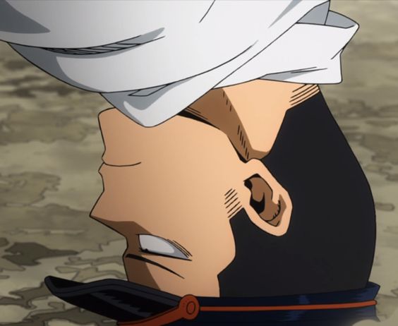 a closeup shot of aizawa shouta, also known as the pro hero eraserhead, from the anime my hero academia. he is looking down and to the side, his expression serious. he is wearing his hero costume, a black jumpsuit with a red scarf. the background is a blurry brown and gray.