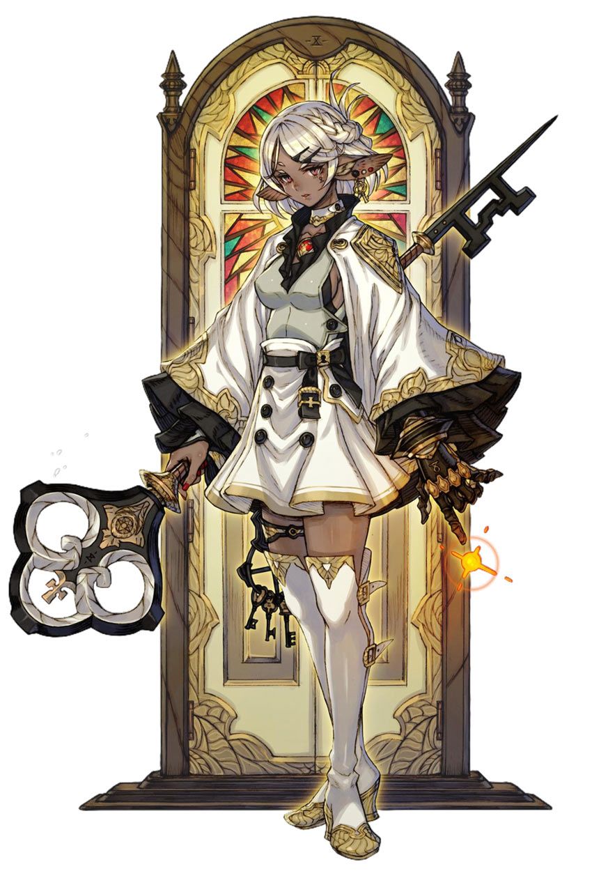 a female character with white hair and pointed ears, suggesting an elf, is depicted in front of an ornate door. she wears a white dress with gold accents and holds a large, ornate key in her left hand, while her right hand sparks with magical energy. another key is attached to her hip. the door behind her features stained glass with a sunlike motif, reinforcing the magical theme.