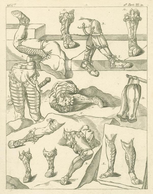 the image is an antique illustration featuring various drawings and studies of legs, feet, and lower body armor. several male figures or parts of figures are depicted in different poses. some are wearing armor, including leg and foot coverings, while others have detailed drawings of legs with sandals or gaiters. the drawing contains many details such as anatomical representation, perspective, and detail of clothing and footwear. the style appears to be from a historical or anatomical study.