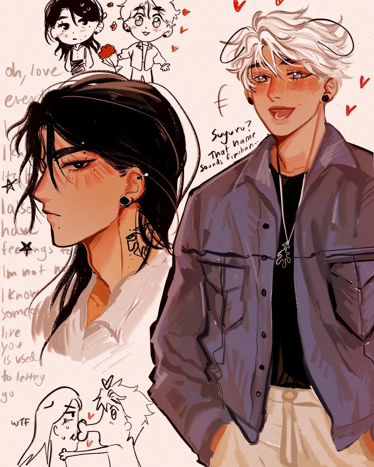 he image is a digital drawing in an anime/manga style featuring two main characters and smaller supporting characters. the two main characters are a young man with long black hair and a young man with short white hair. the blackhaired man has a serious expression, while the whitehaired man is smiling and blushing.  the whitehaired man is wearing a denim jacket. the background includes smaller drawings and text that appears to be dialogue or inner thoughts.  the style is loose and expressive, with visible brushstrokes and shading. the overall tone is romantic and slightly melancholic.