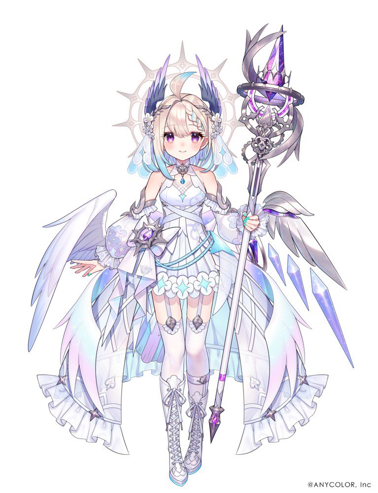 an anime girl with large white wings and a staff stands in a light blue dress, her halo shines above her head.