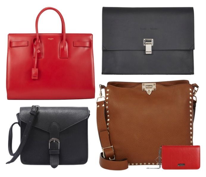 this image showcases a collection of designer handbags, featuring a variety of styles and colors. the bags are arranged in a gridlike format against a white backdrop. in the top left corner, a classic red leather tote bag with a simple design and two top handles stands out. below it, a sleek black leather crossbody bag with a flap closure and a buckle detail sits. moving towards the right, a luxurious black leather envelope clutch, featuring a distinctive silver lock, sits on top. underneath it, a spacious brown leather shoulder bag adorned with rows of silver studs and a flap closure catches the eye. lastly, a small red leather clutch with a chain strap completes the lineup, adding a touch of vibrant color to the collection. this image provides a glimpse into the world of highend fashion and accessories, showcasing the diverse range of styles and craftsmanship available.