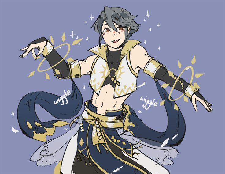 this is a digital illustration of a male anime character dancing with magical rings around his wrists. the character is dressed in a gold and blue outfit. he has long, dark blue hair, and is smiling. the background is light purple with white stars and gold glitter.