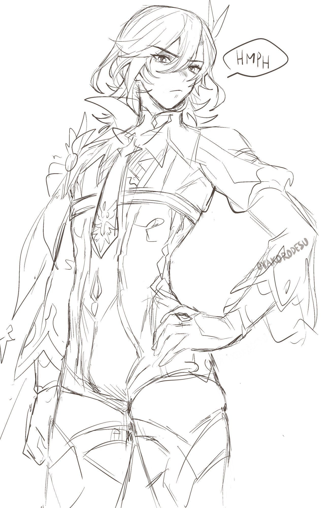 this is a black and white line art sketch of an anime character. they are a girl with long, flowing hair. she has a determined look on her face, and she is wearing a complicated outfit that appears to be very stylish. she is holding one arm out in front of her, as if she is about to strike a pose.