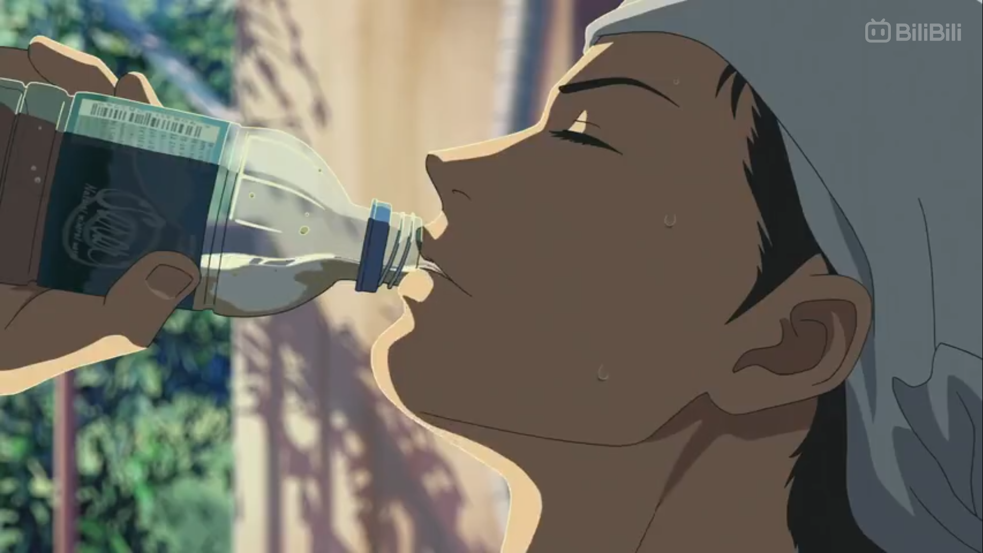 a closeup of an anime man drinking water from a plastic bottle. he is sweating and wearing a white towel on his head, suggesting he is hot and possibly has been working or exercising. the background is blurred, hinting at an outdoor setting with greenery and sunlight.