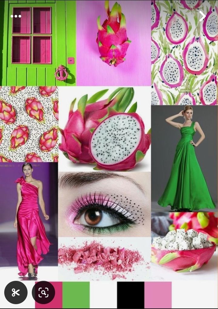 this collage shows a variety of pink and green items including dragon fruits, dresses, and makeup. the collage includes 9 different images. the top left shows a green door with a pink window. the top middle image is a pink dragon fruit on a pink background. the top right is a white background with a floral pattern of pink and green dragon fruits. the middle left shows a white background with pink dragon fruits. the middle center shows a white and pink dragon fruit. the middle right shows a woman wearing a green dress. the bottom left shows a woman wearing a pink dress. the bottom middle shows a close up of an eye with pink and green makeup. the bottom right shows a close up of a white and pink dragon fruit.