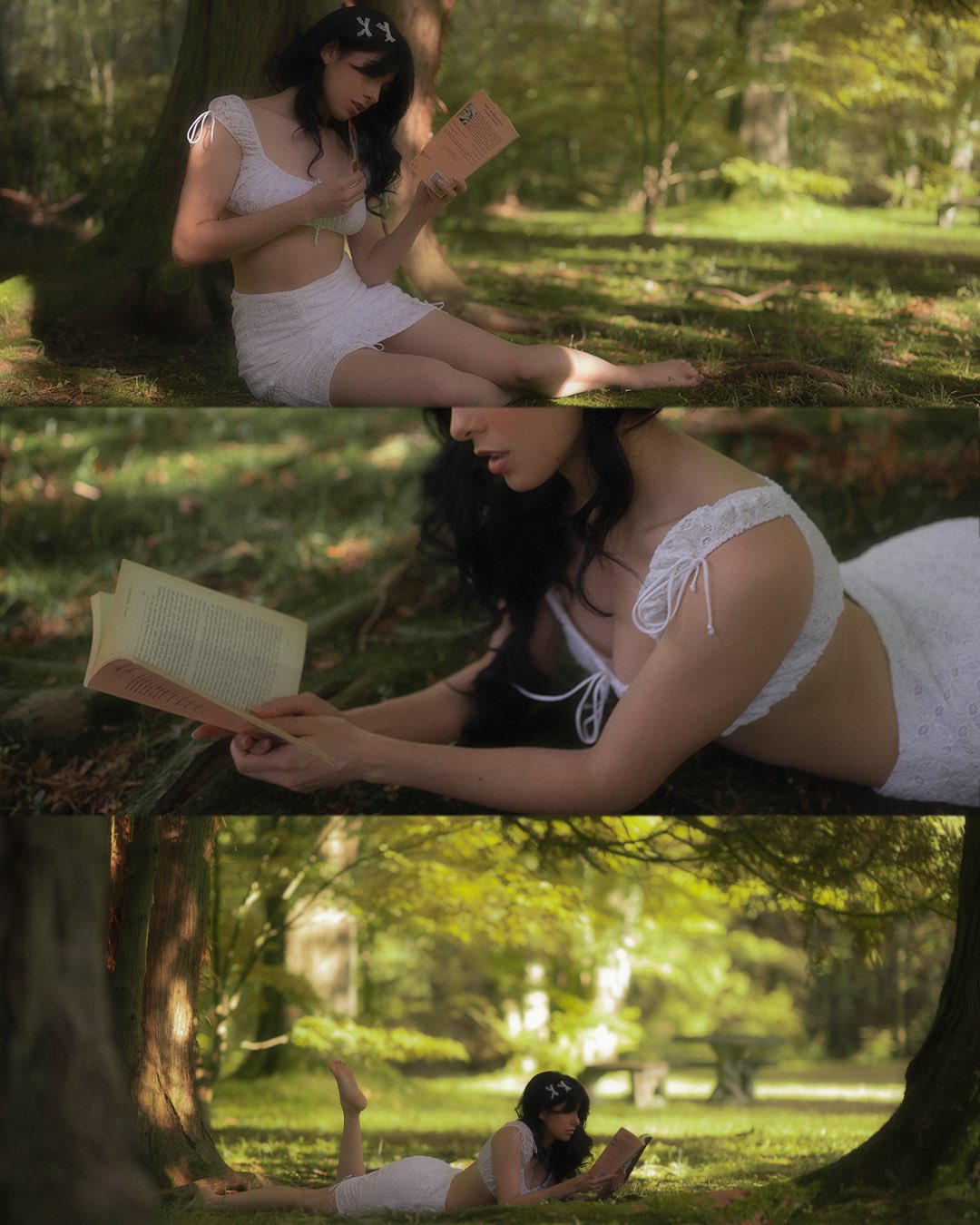 a collage of three images showing a woman reading a book in a forest setting. in the top image, she is sitting against a tree, dressed in a white outfit. the middle image is a closeup of her lying on the ground while reading. the bottom image shows her lying down and reading, with a view of the forest in the background. the overall scene is bathed in soft sunlight.