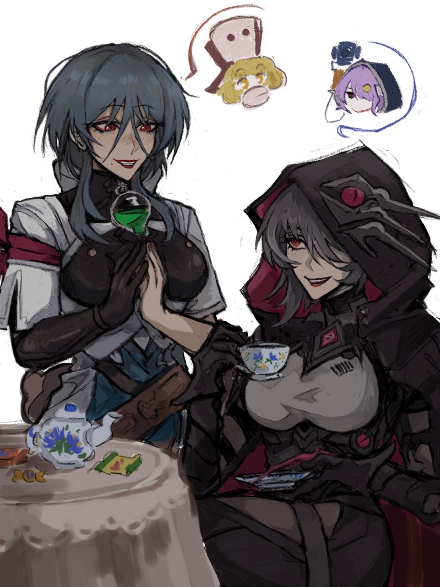 he illustration shows two animestyle girls at a tea party.  one girl has blue hair and is wearing a lightcolored dress with dark accents. she holds a small glass vial containing a green liquid. the other girl has dark hair and wears a dark, gothicstyle hooded outfit. she holds a teacup and saucer.  both characters have striking features and expressions.  in the background, there are thought bubbles depicting other characters, possibly other girls from the same series. the overall style is dark fantasy with a touch of gothic flair. the art is done in a digital painting style. the scene is intimate, suggesting a conversation or a moment of shared enjoyment between the two central figures.