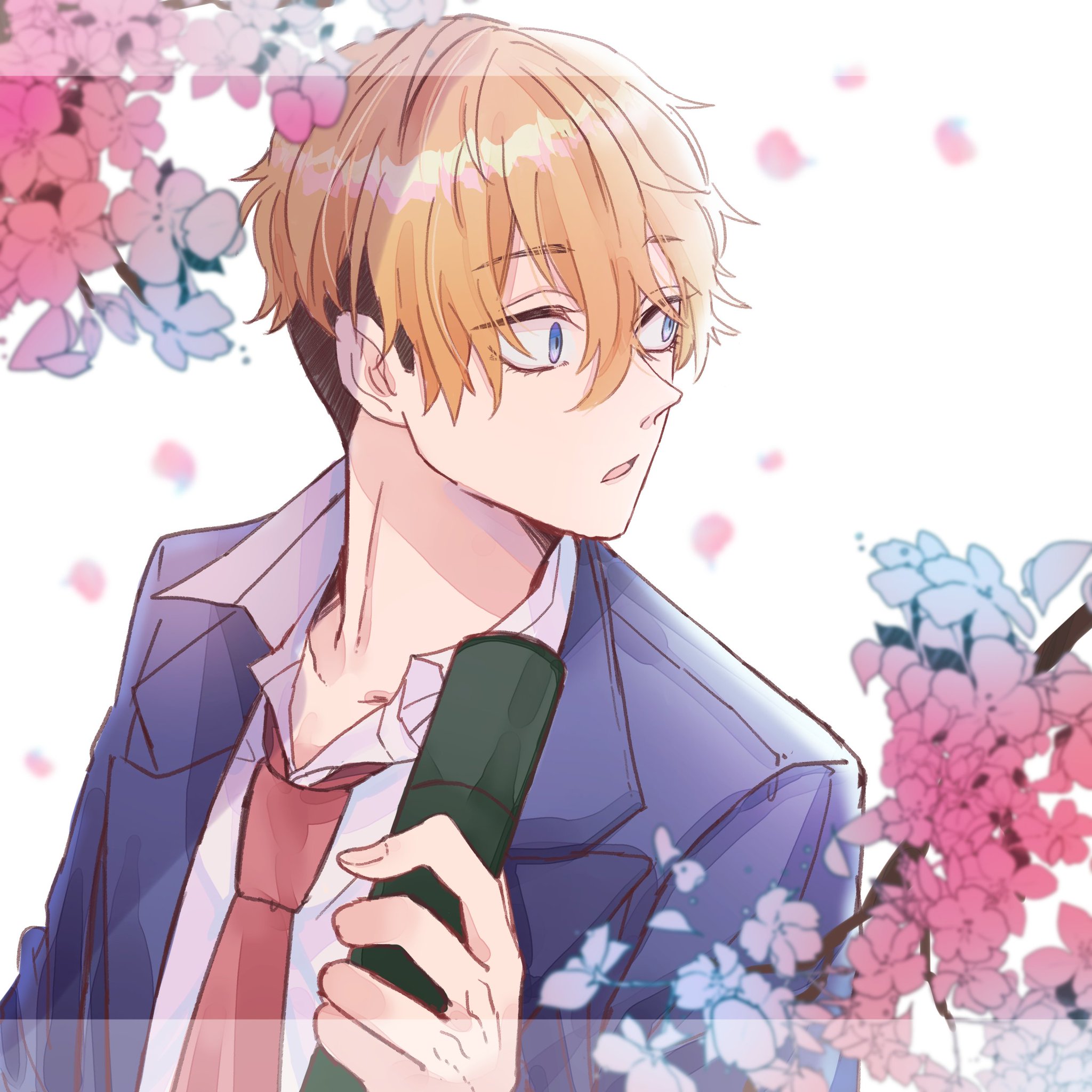 an anime character with blond hair and blue eyes is standing in front of a cherry blossom tree holding a microphone. he is wearing a blue jacket, a white shirt, and a red tie. he looks away from the camera.