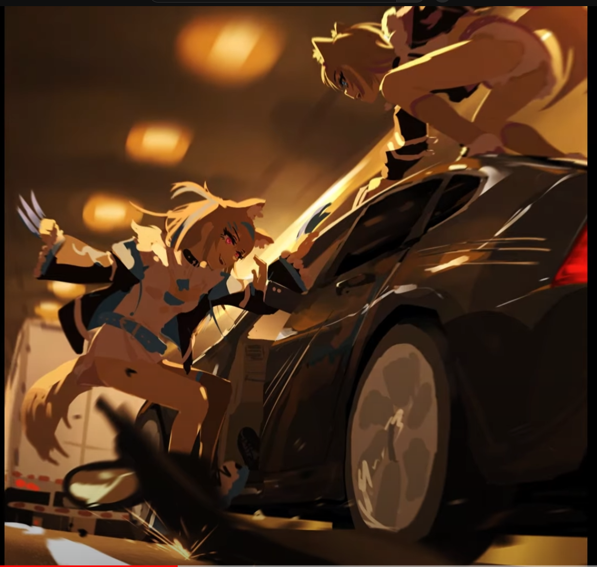 two anthropomorphic fox women are locked in a conflict beside a car in a city street at night. one leaps at the other, claws extended, while the second stands atop the car, ready to strike.  the scene is dramatically lit by streetlights and the car's headlights, creating a strong sense of motion and action.
