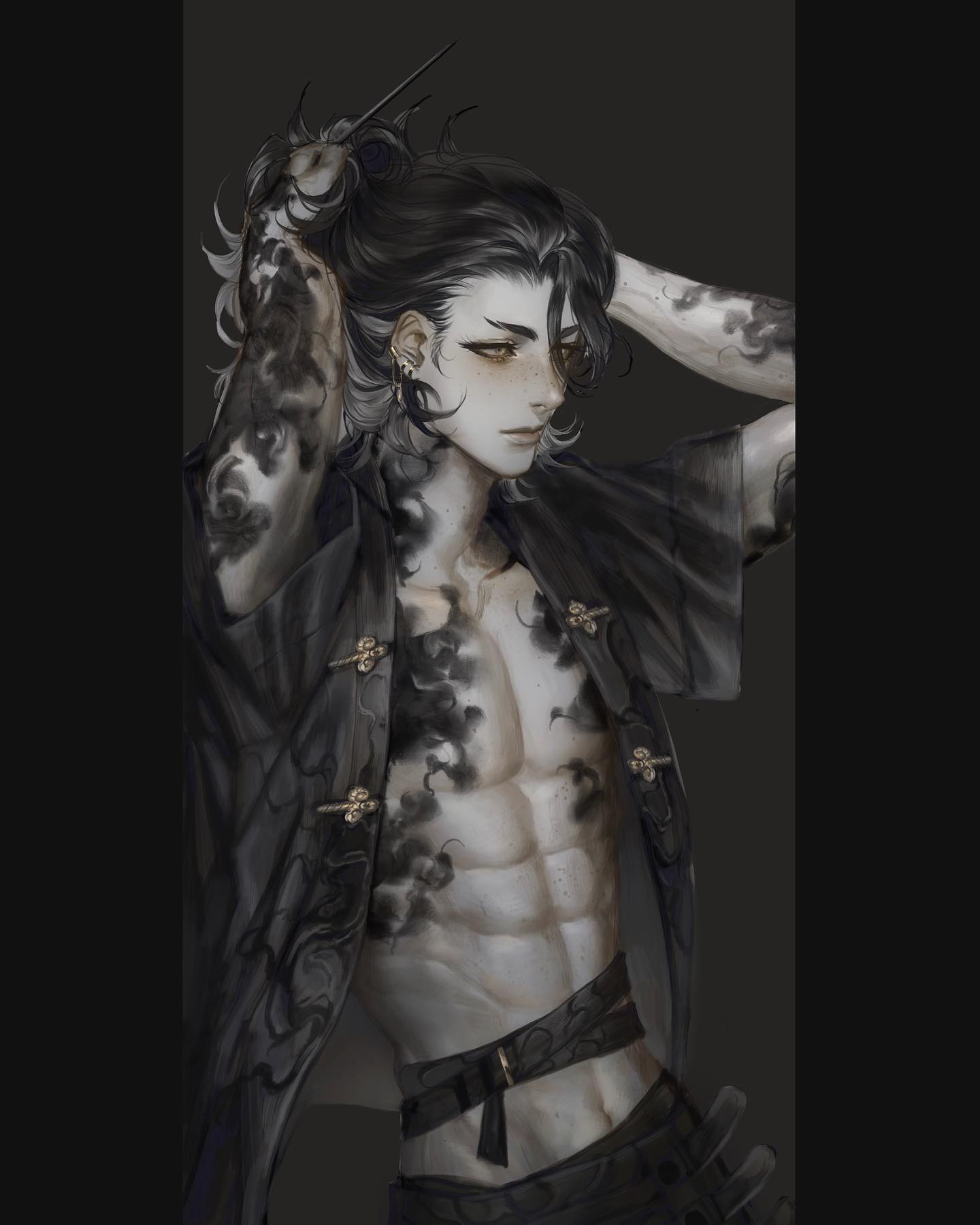 the image showcases a digital painting of a young, androgynous man with long black hair partially styled in a bun. he is shirtless, revealing a muscular physique adorned with swirling black tattoos that resemble smoke or clouds. he wears a black, asianinspired jacket, partially open, with decorative clasps. his expression is serene and slightly melancholic as he gazes off to the side while adjusting his hair.  the background is a dark, muted gray, keeping the focus solely on the subject and highlighting the delicate details of the art.