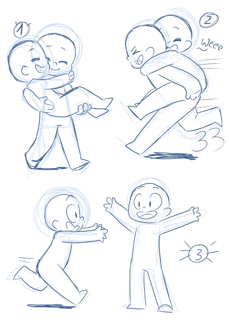 this image contains four different character bases for drawing. the first image shows a character carrying another character in their arms. the second image shows a character piggybacking another character while running. the third image shows a character running away from another character, and the fourth image shows a character standing with their arms outstretched. all characters are in a chibi style with simple lines and no detail. they are in a light blue color.