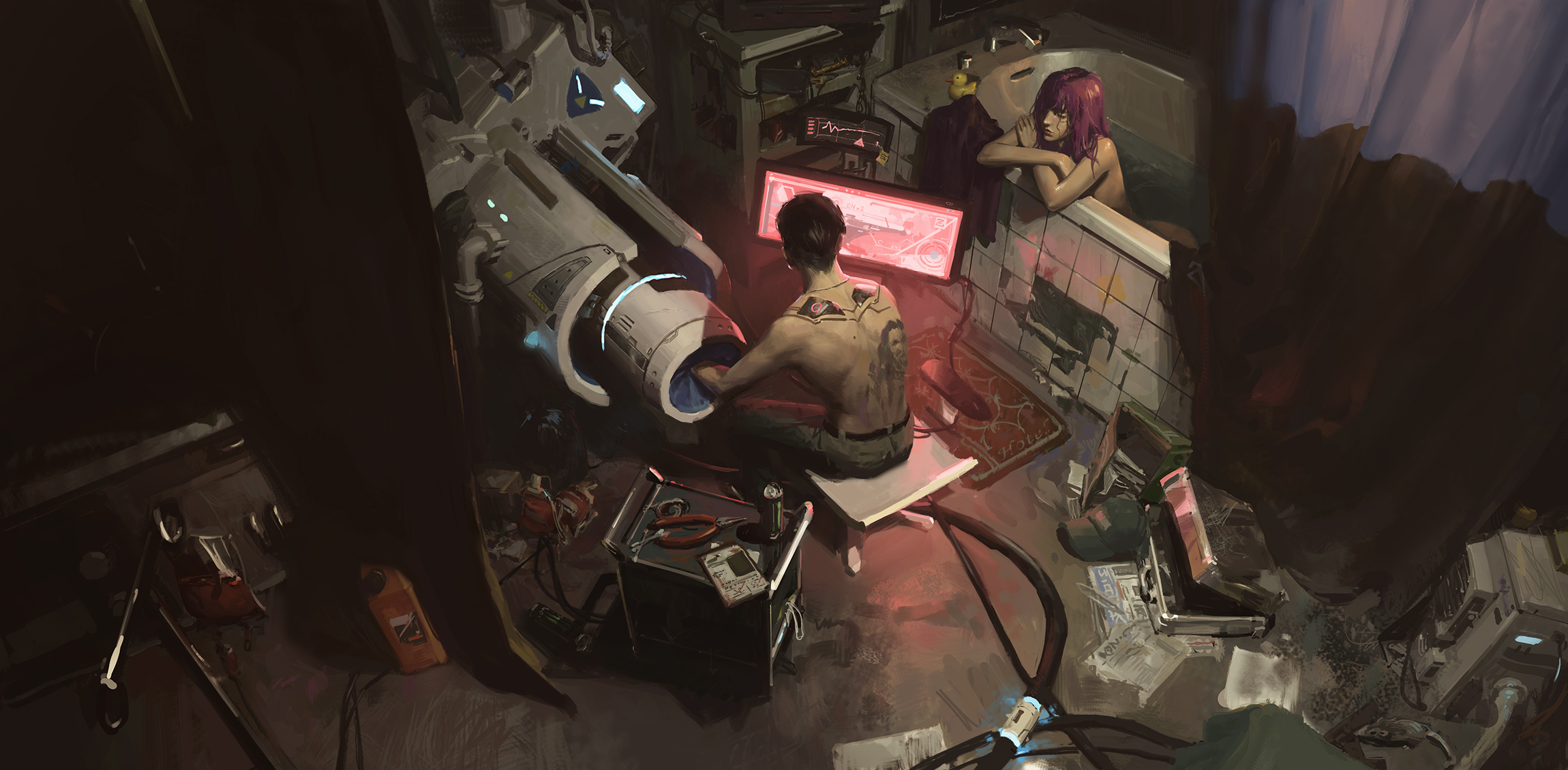 a cluttered, futuristic bathroom scene with a man shirtless with tattoos repairing a device. a woman with pink hair relaxes in the bathtub in the background. the room is filled with computer monitors, wires, and tools, creating a messy, scifi atmosphere.