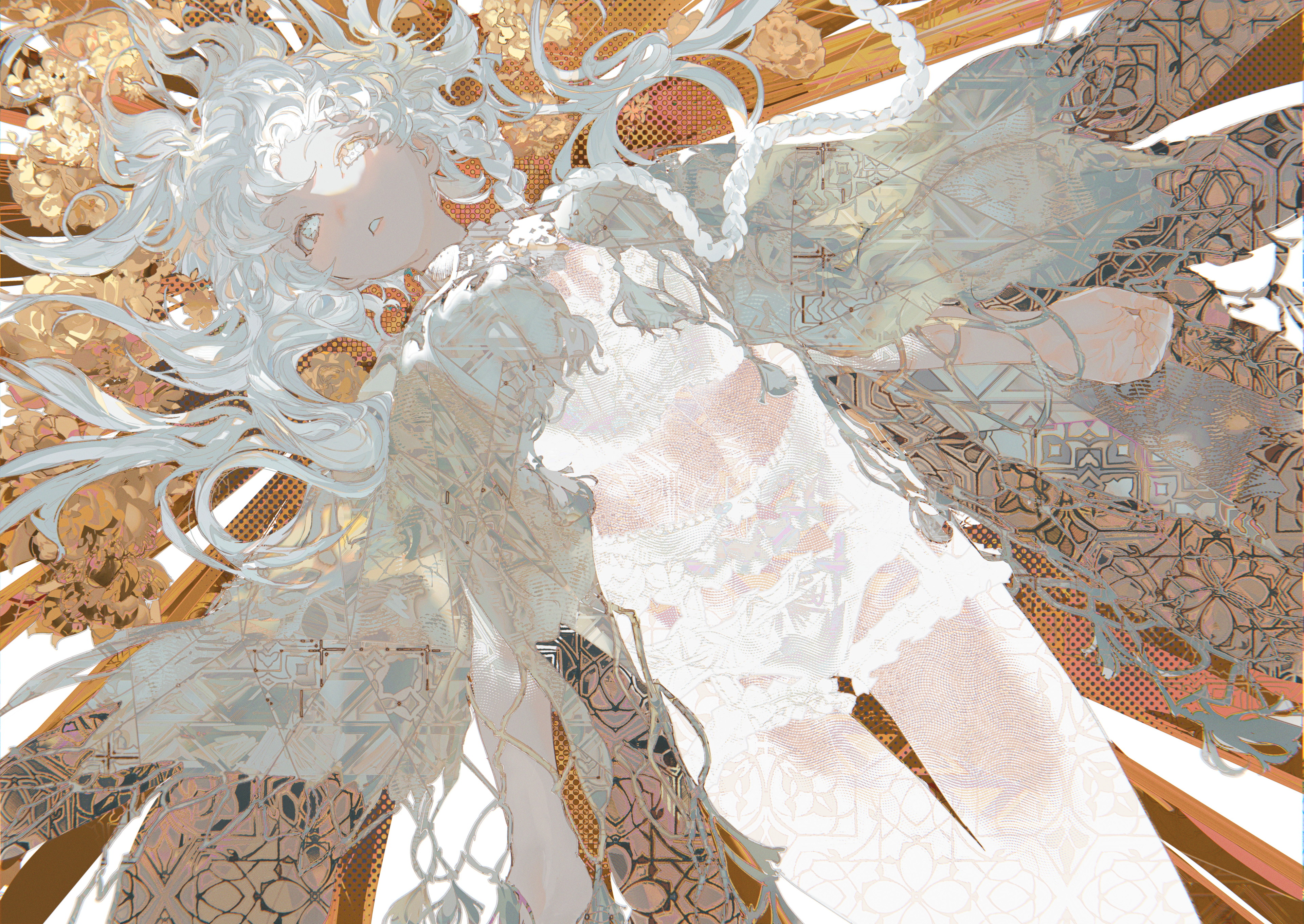 the image is a digital painting or illustration of a young woman with long, flowing white hair. she is wearing a flowing white dress with intricate lace and patterns. the background is a mix of abstract patterns and textures in gold, brown, and white tones. the overall style is ethereal and mystical, with a focus on delicate details and soft colors. the woman's pose and the flowing fabric suggest movement and grace. the artwork has a dreamy and romantic atmosphere.