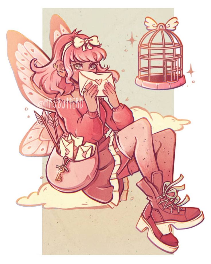 a cute pink fairy with a big pink backpack full of letters is sitting on a cloud in a sky with a cage and hearts floating around. the fairy is holding a letter to her chest and reading it. the fairy is wearing pink and red clothes and big red boots.