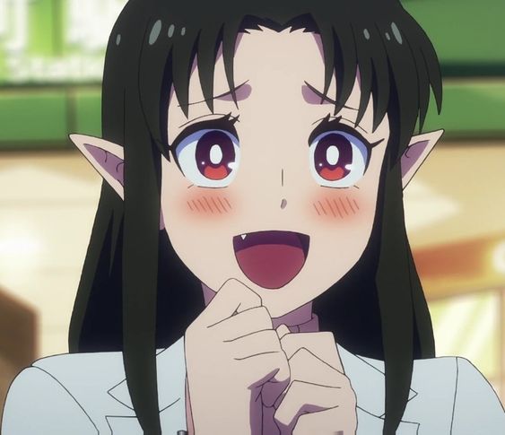 this is a closeup illustration of a young woman with black hair, styled with long bangs, and red eyes. she has elflike ears and fangs, indicating she may be a vampire. her cheeks are flushed with a pink blush, and her mouth is open in a wide, joyous smile. she appears happy and excited about something. she wears a white shirt, possibly a uniform. the lighting is soft, casting subtle shadows on her face. the overall style is characteristic of anime and manga.