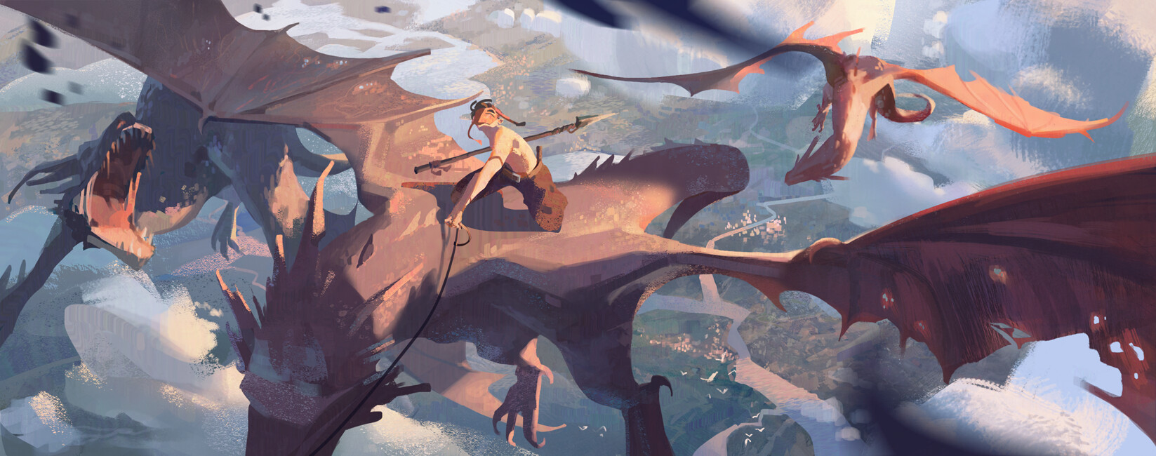 a fantasy illustration depicting a warrior riding a large dragon in the sky. the dragon has dark grey wings and is flying through the clouds. the warrior has a spear in one hand and is holding the reins of the dragon with the other. another dragon, with orangered wings, is flying in the background.
