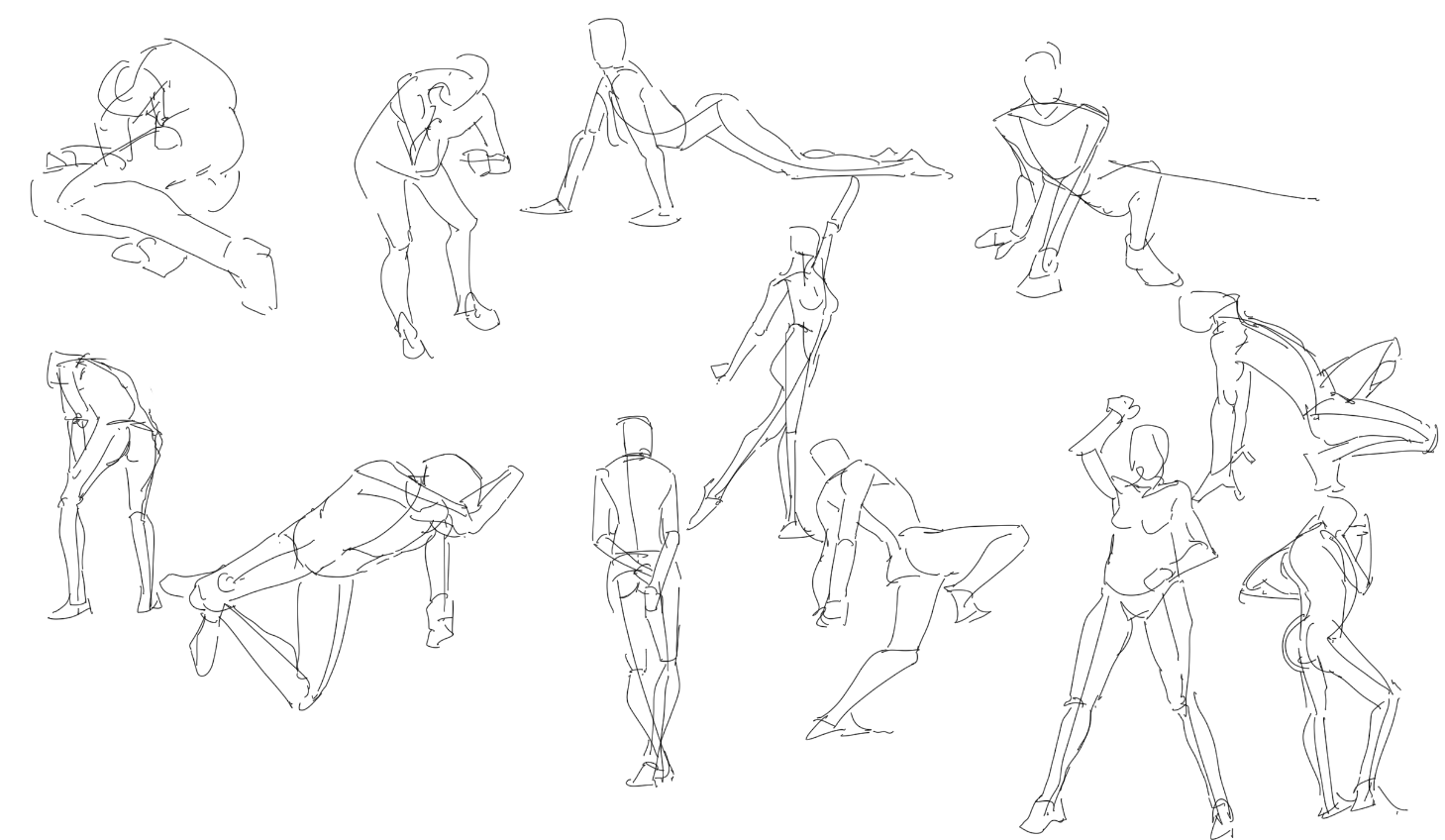 this is a page of gesture drawing practices of the human form in a variety of poses. there are 12 figures in total, each drawn with quick and expressive lines.