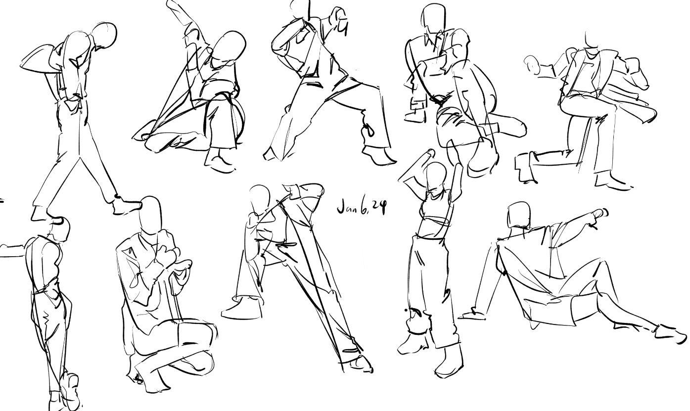 he image contains a collection of quick gesture drawings of human figures in various dynamic poses. the style is loose and expressive, focusing on capturing movement and form rather than precise detail. the figures are drawn in black ink on a white background and vary in clothing and posture.  the date "jan 6, 24" is written on the page, suggesting it's a page from a sketchbook.  each figure is a single line sketch suggesting the form and posture.