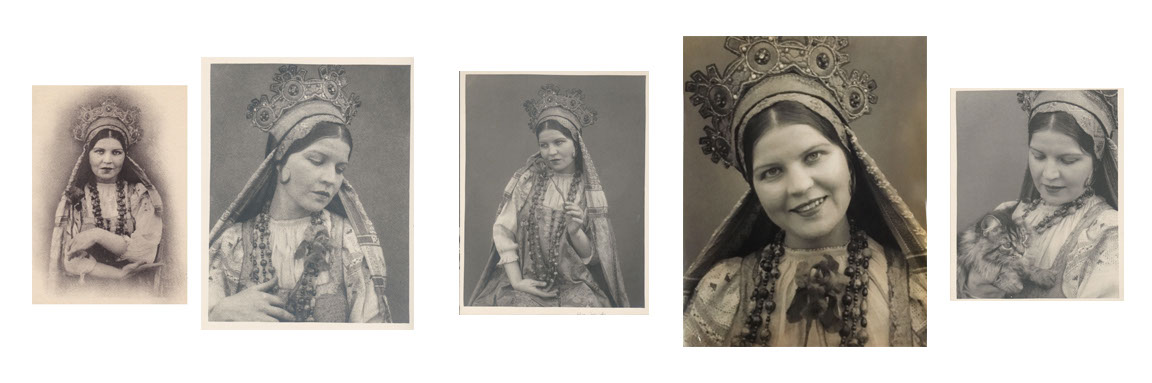 he image contains five vintage black and white photographs of a young woman wearing traditional clothing and elaborate headwear. the woman is depicted in various poses, sometimes holding a cat. the photographs appear to be studio portraits, displaying a high level of detail and clarity, characteristic of early to mid 20thcentury photographic techniques. the attire suggests a possible eastern european or slavic cultural context given the style of the headdress and the intricate details of the garments. each photograph captures different angles and expressions of the woman, creating a captivating visual narrative of her identity and the cultural context she embodies. the images are presented in a collage format, facilitating comparison and appreciation of the variations in poses and photographic quality across different shots.
