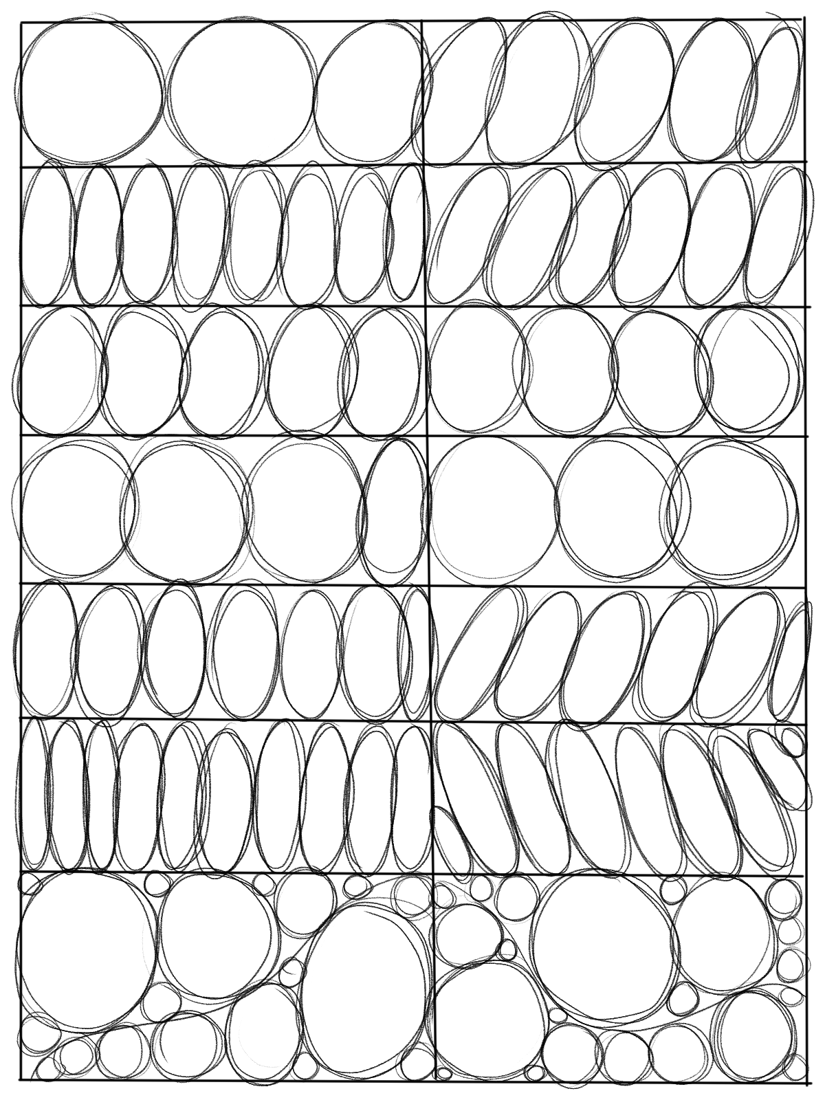 he image is an abstract artwork featuring a gridlike arrangement of handdrawn circles and ovals. the shapes vary slightly in size and are not perfectly uniform, giving the piece a slightly imperfect, organic feel.  the top sections of the grid show more consistent circles and ovals, while the bottom section features a more freeflowing, less structured arrangement of larger and smaller irregular circles. the entire piece is monochromatic, utilizing only black lines on a white background.  the style suggests a blend of geometric and organic forms, creating a visually interesting texture.