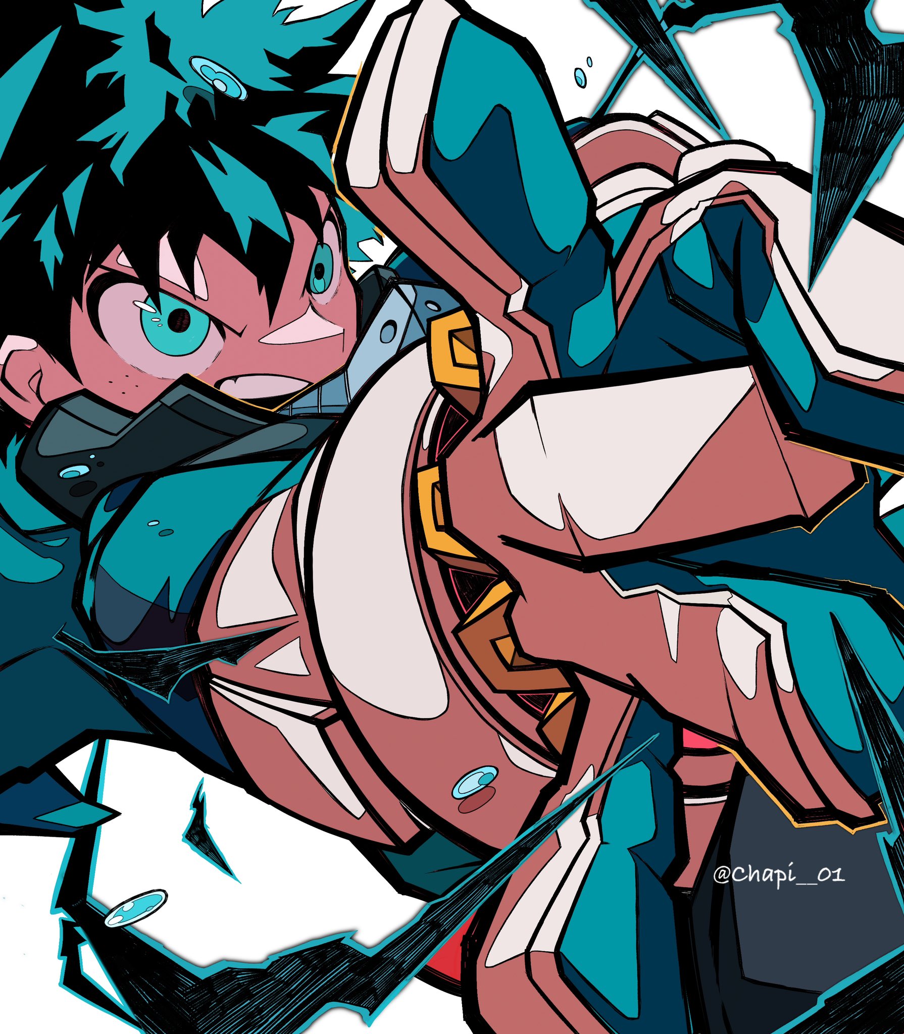 an illustration of a greenhaired anime character with a black mask.  they have a determined expression and are punching forward with a powerful force.  the character's fist is glowing with a red and white aura. the image is filled with dynamic lines and action.  it is set against a white background.  this image likely depicts a character from a comic book or manga.