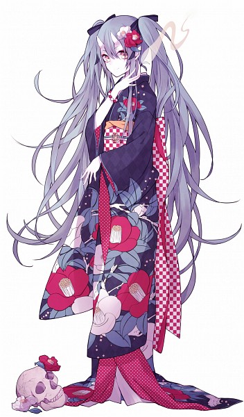 a girl with very long, flowing silver hair styled in twintails and small horns is standing. she's wearing a long kimono with a pattern of camellias and a checkered pattern on the sash. the overall color scheme of the kimono is dark purple, pink, and white. she has one hand near her face and a neutral expression. there's a skull with a flower resting on top of it near her feet. the background is white.