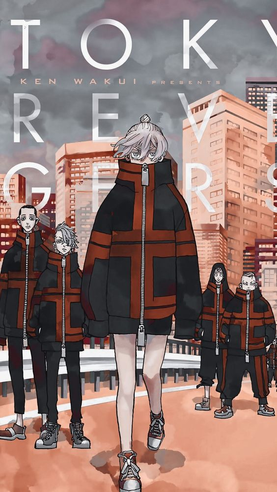 the image shows a group of seven people, five men and two women. they are all wearing similar outfits, with black jackets and black pants. the jackets have a red and white design on them, and the group is standing on a street in a city. the background of the image is a city skyline. the image appears to be a promotional image for the anime "tokyo revengers."