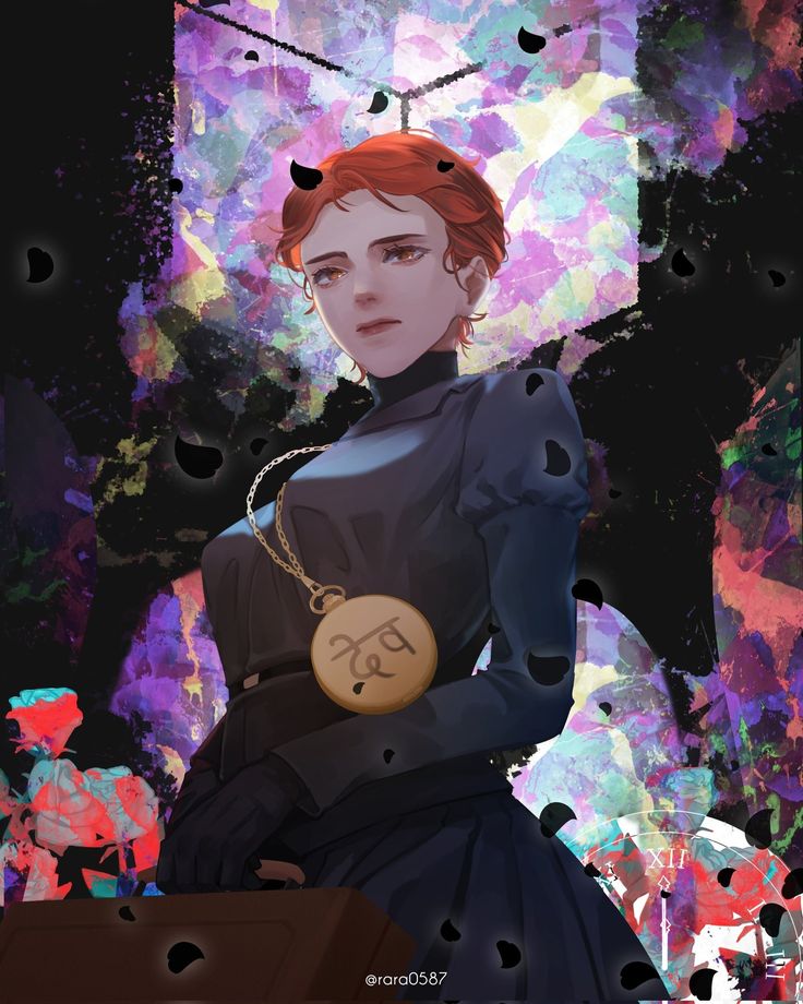 the image is a digital painting of a young woman with vibrant red hair. she's dressed in a dark, almost gothicstyle dress and wears a large, ornate gold pendant necklace featuring a clock.  her expression is serious and somewhat melancholic. the background is an abstract mix of colorful splashes, reminiscent of stained glass or a shattered reflection, interspersed with dark elements that create a moody, mysterious atmosphere. roses and other elements are subtly present in the background. the overall style is stylized and artistic, with a focus on both the character's expressive features and the dynamic, abstract backdrop. the artist's signature or watermark, "@rara0587," is visible in the lower right corner.