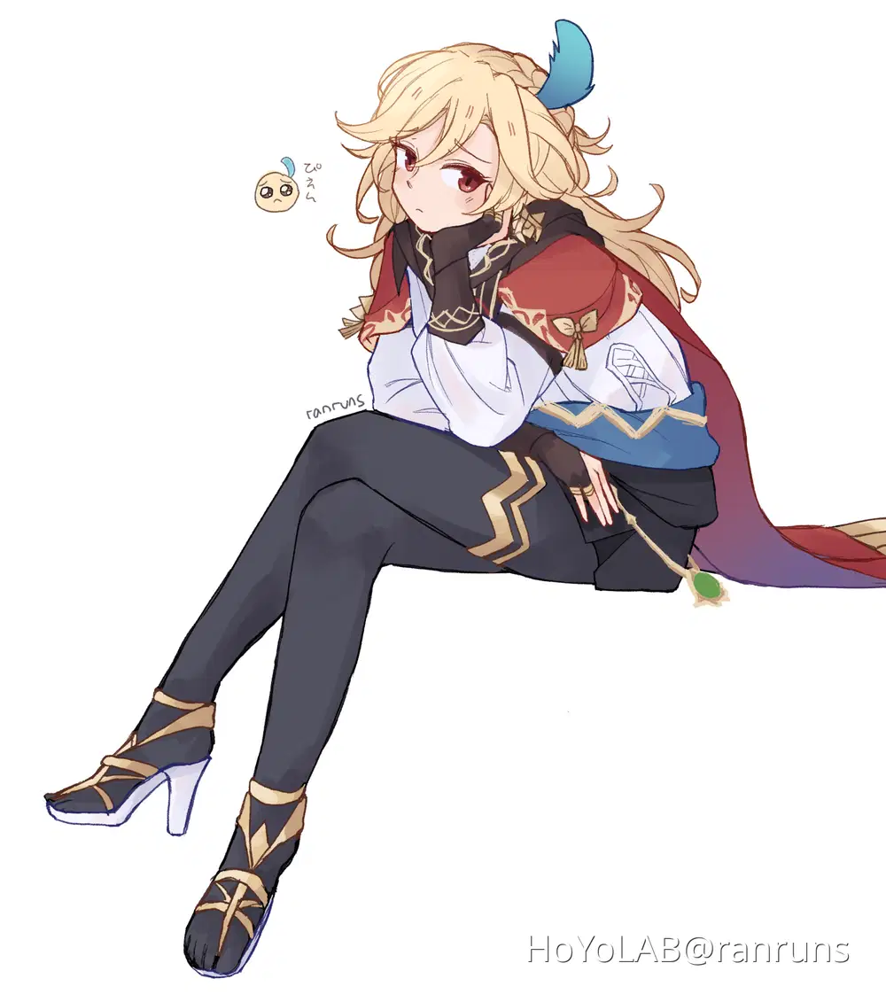 this is a digital illustration of an anime girl with blonde hair, red eyes, and a white shirt. she is sitting down and wearing black tights, gold shoes, a red jacket, and blue pants. she has a feather in her hair and is smiling. she is surrounded by a light pink background.