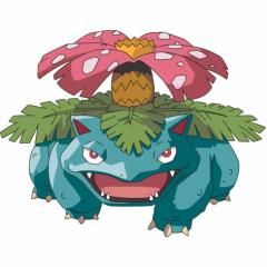the image showcases a venusaur, a fully evolved pokémon from the first generation (kanto region).  it is depicted in its classic, cartoon style. venusaur's characteristic features are clearly visible: its large, bulbous head, sturdy body, sharp teeth, and the large flower atop its back. the flower is pink and prominently displayed,  surrounded by lush green leaves.  the overall style is consistent with the pokemon anime and games.