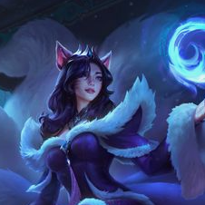 a woman with dark hair and fox ears is depicted in a magical, bluehued environment. she wears a purple and white outfit with fur accents and holds a glowing blue orb in her outstretched hand. her expression is serene and confident, suggesting a mastery of magic and a connection to the mystical realm.