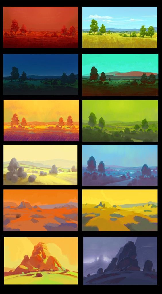 the image consists of 14 different landscape paintings in a grid. each painting depicts a simple scene with trees, fields, hills, or rocks, but they are rendered in different color palettes and lighting conditions, showcasing a range of moods and times of day.