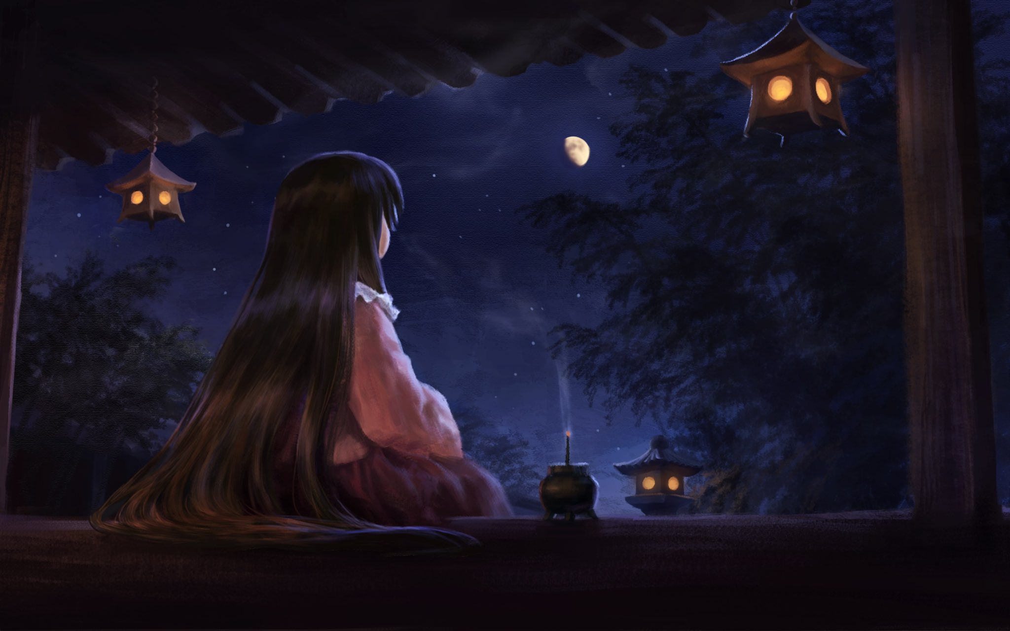a girl with long black hair and wearing a pink dress sits on the porch of a japanese temple or house at night. a half moon is visible in the sky with some stars. there are two hanging lanterns above her, another lantern on the porch to her right, and an incense burner is right next to the lantern. dark trees surround the structure.