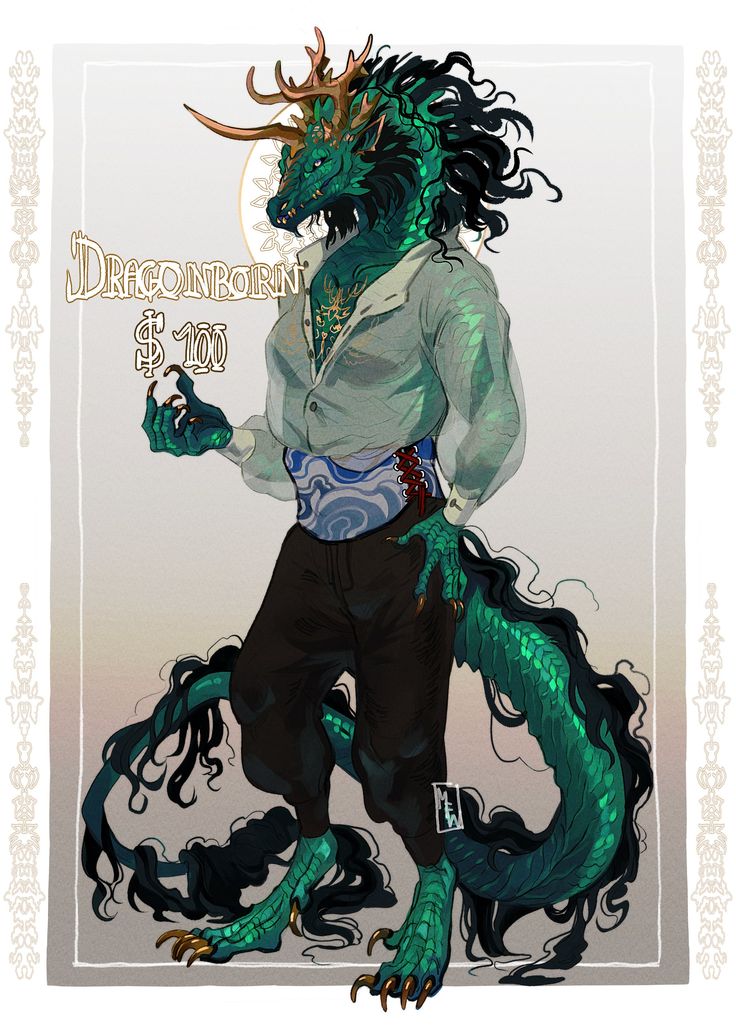this is a digital illustration of a green dragonborn character wearing a white shirt and black pants. the character has a long, green tail with scales and hairlike strands. the character also has green scales, claws, horns and antlers.