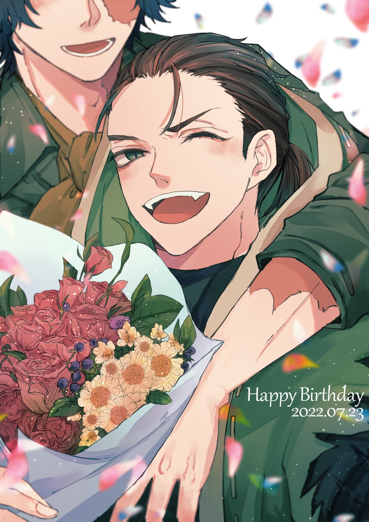 this is a digital illustration of two anime boys, one holding a bouquet of flowers, the other smiling and reaching out for a hug. there is a pink banner with the words "happy birthday" and the date "2022.07.23" on it. they appear to be celebrating a birthday. the image is filled with confetti and hearts, suggesting a festive atmosphere.