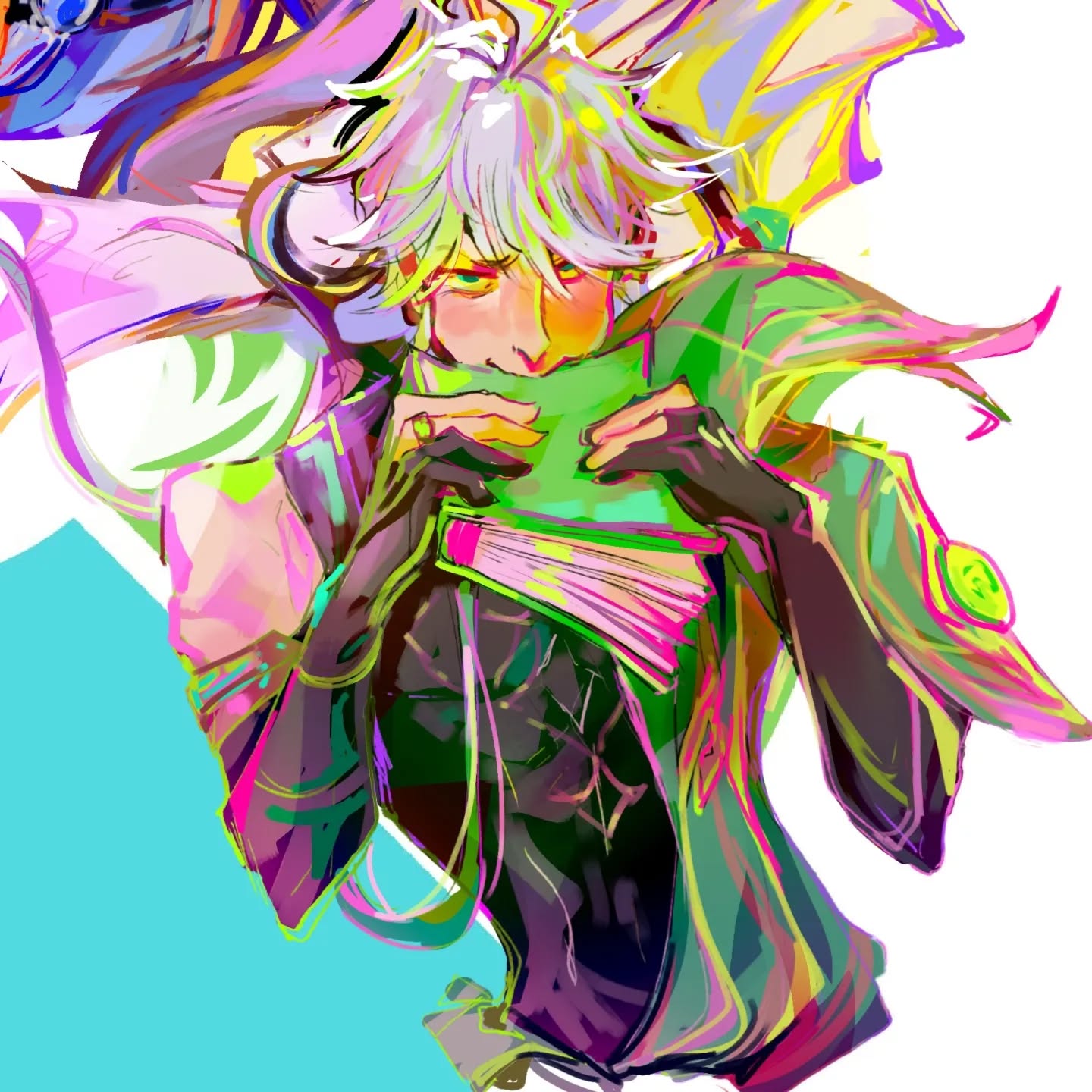 the image is a vibrant, stylized digital painting or illustration of a young animestyle male character. he has long, white hair and is depicted wearing a green and dark purple outfit with abstract details. he's holding a book close to his face, almost concealing it.  the art style is highly expressive and dynamic, with bold lines and strokes creating a sense of energy and movement. the color palette is intensely vibrant, utilizing neon and bright shades of green, pink, purple, and yellow. the background is partially visible and features similarly bold and abstract shapes and colors. the overall mood is whimsical and fantastical.