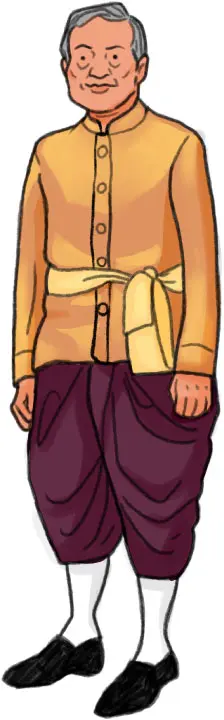 a cartoon illustration of a smiling asian man, possibly thai, wearing traditional clothing. the man is standing with his arms at his sides and is looking at the viewer. he has a friendly expression on his face. the illustration is simple but welldrawn, and the colors are bright and cheerful. the background is white.