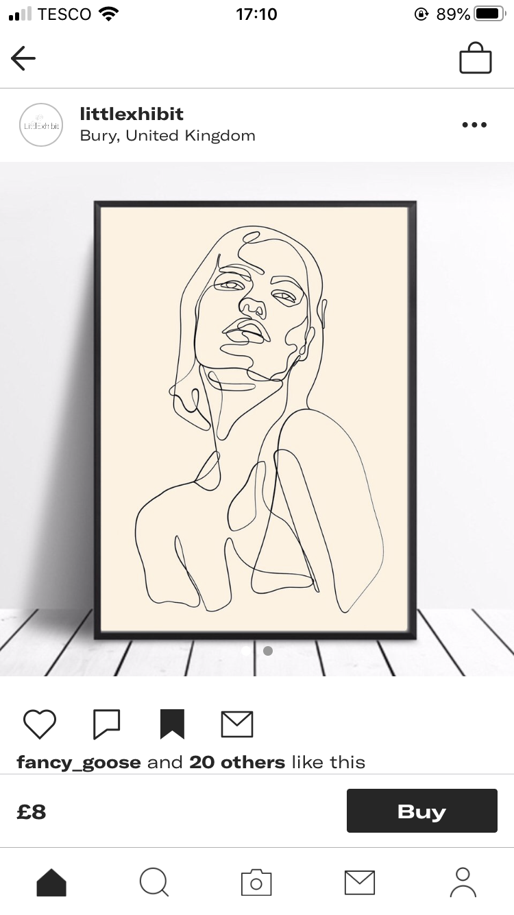 a screenshot of an etsy listing for a minimalist line art print. the artwork features a continuous line drawing of a woman's face and upper body against a light beige background. the print is displayed in a black frame and set against a white wood floor. the etsy shop name is "littlexhibit" and is located in bury, united kingdom. the price of the print is £8.