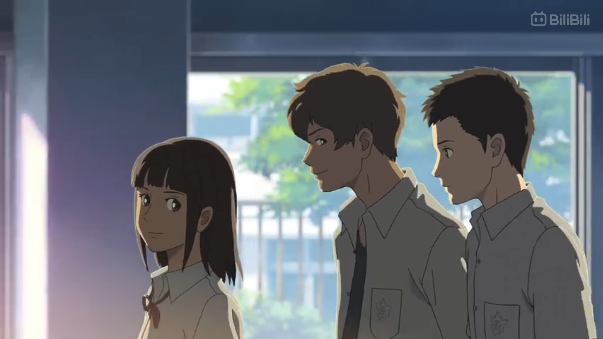 the image shows three anime characters, two boys and a girl, dressed in school uniforms. they appear to be engaged in a conversation, with the girl facing the camera and the boys looking at her. the setting suggests a school hallway or classroom, with a window letting in soft, natural light. the overall palette is muted and realistic, reflecting a typical school environment.