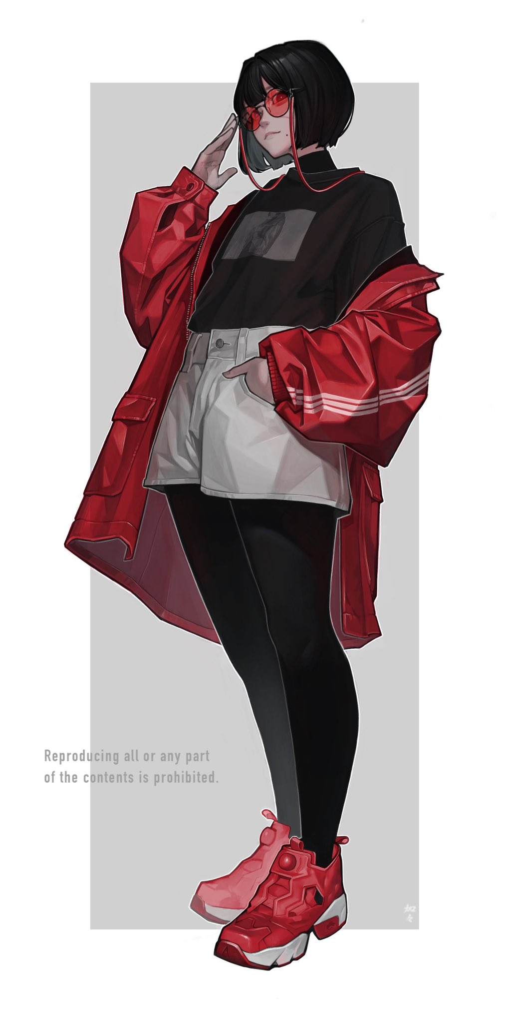 the image is a digital illustration of a stylish anime girl. she is wearing a long red coat over a black tshirt, white shorts, and black tights. her shoes are red reebok classics. she is also wearing red sunglasses and has her hand up to her face. the background is a simple grey. the text "reproducing all or any part of the contents is prohibited" is visible at the bottom left.